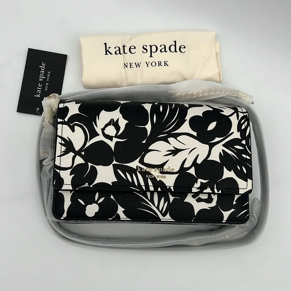 Kate Spade Morgan Tropical Foliage Flap Chain Wallet Crossbody Black Multi